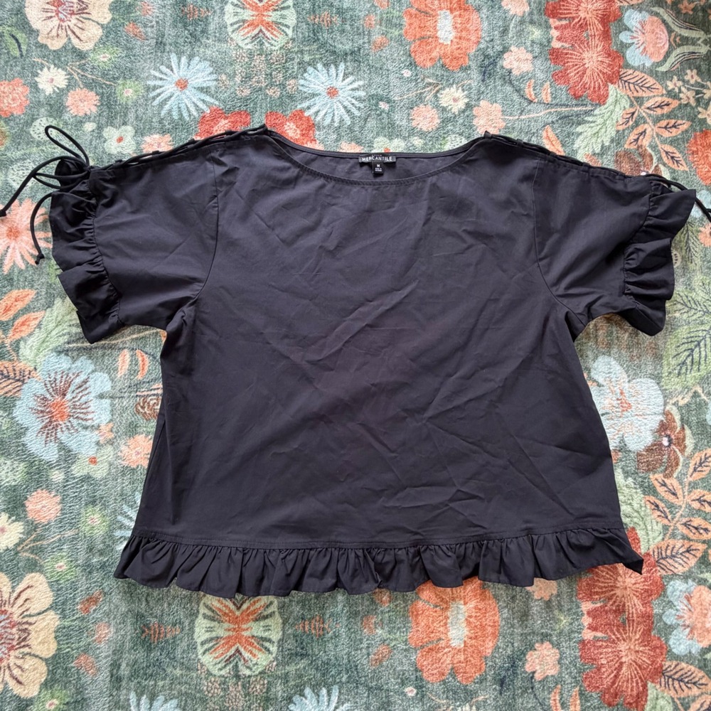 J.Crew Mercantile Womens Black Ruffle Hem Tie Shoulder Blouse Top Medium M